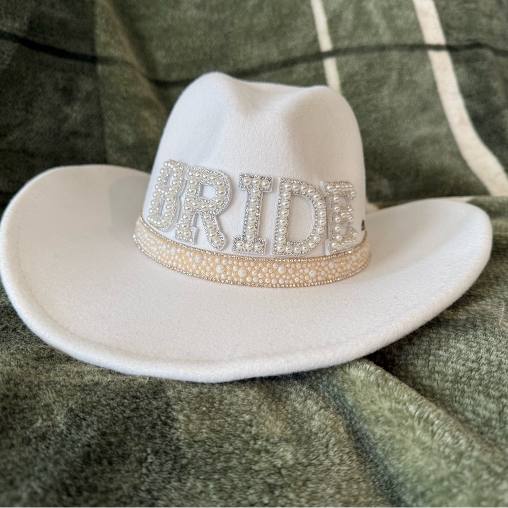 C.C White Bride Cowboy Hat with Pearl Accents